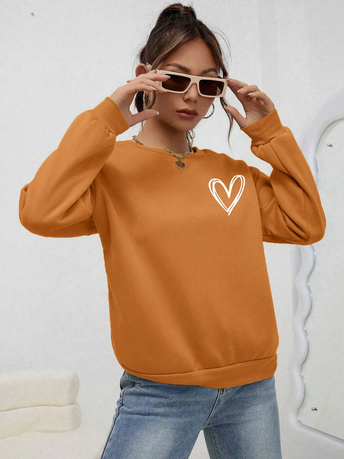 Simple Heart Pattern Printing Sweatshirts For Womens Casual Comfortable Crewneck Hoodies Loose Fleece Warm Sportswear Clothes