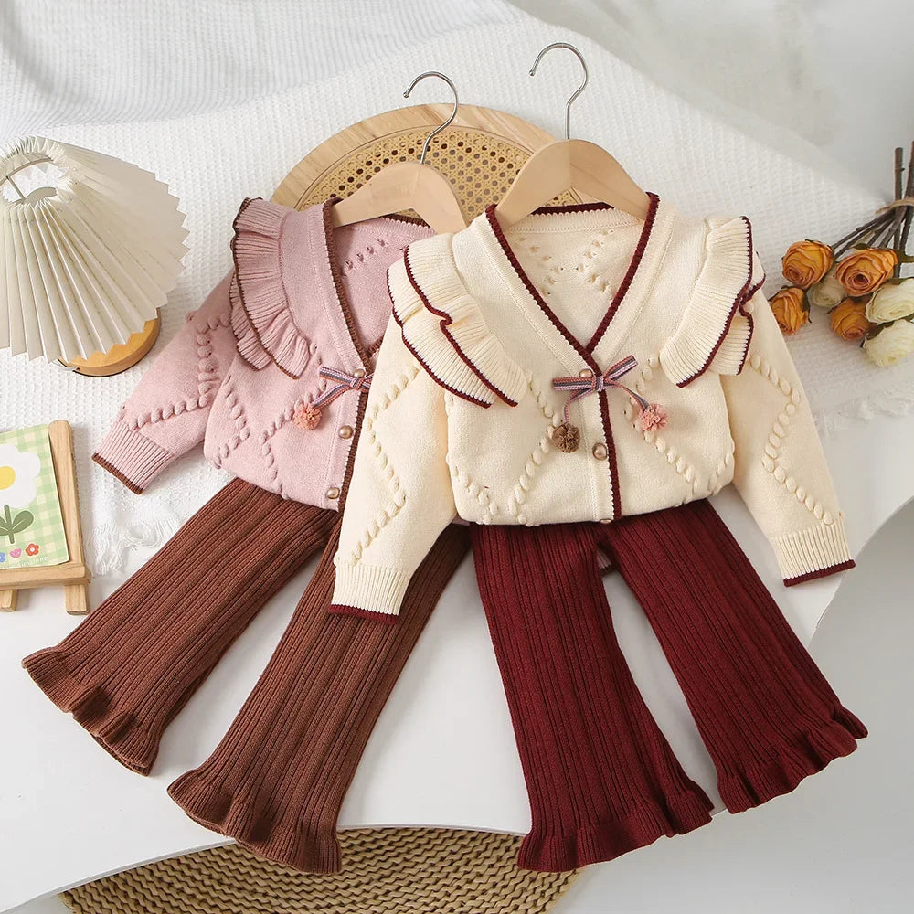 Children's Sets Cardigan & Bell Bottoms Set Girls Autumn Winter Fashion Sweater  Kids Clothes Two-piece Set