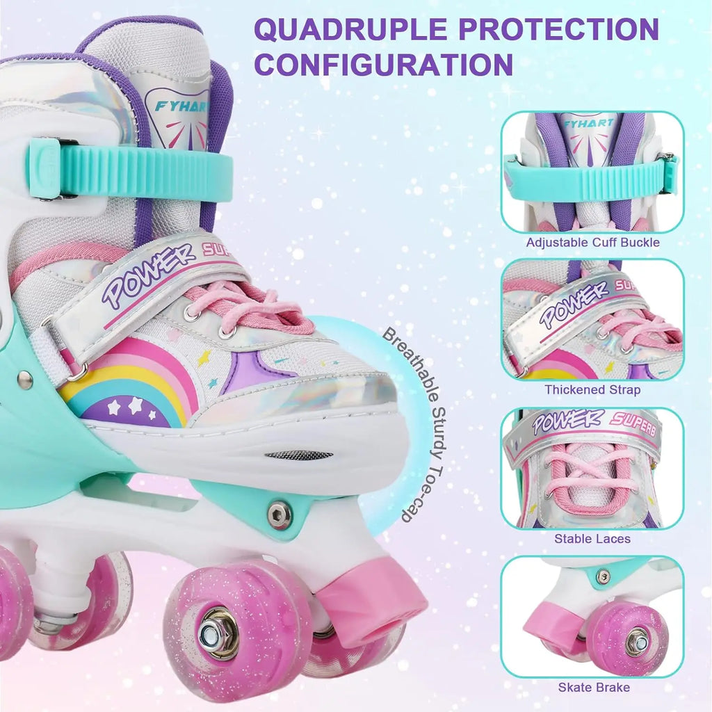 Boys Girls Kids Skates Children Roller Skates Skating Shoes Sliding Adjustable Quad Sneakers PU Flashing 4 Wheels Roller Skates