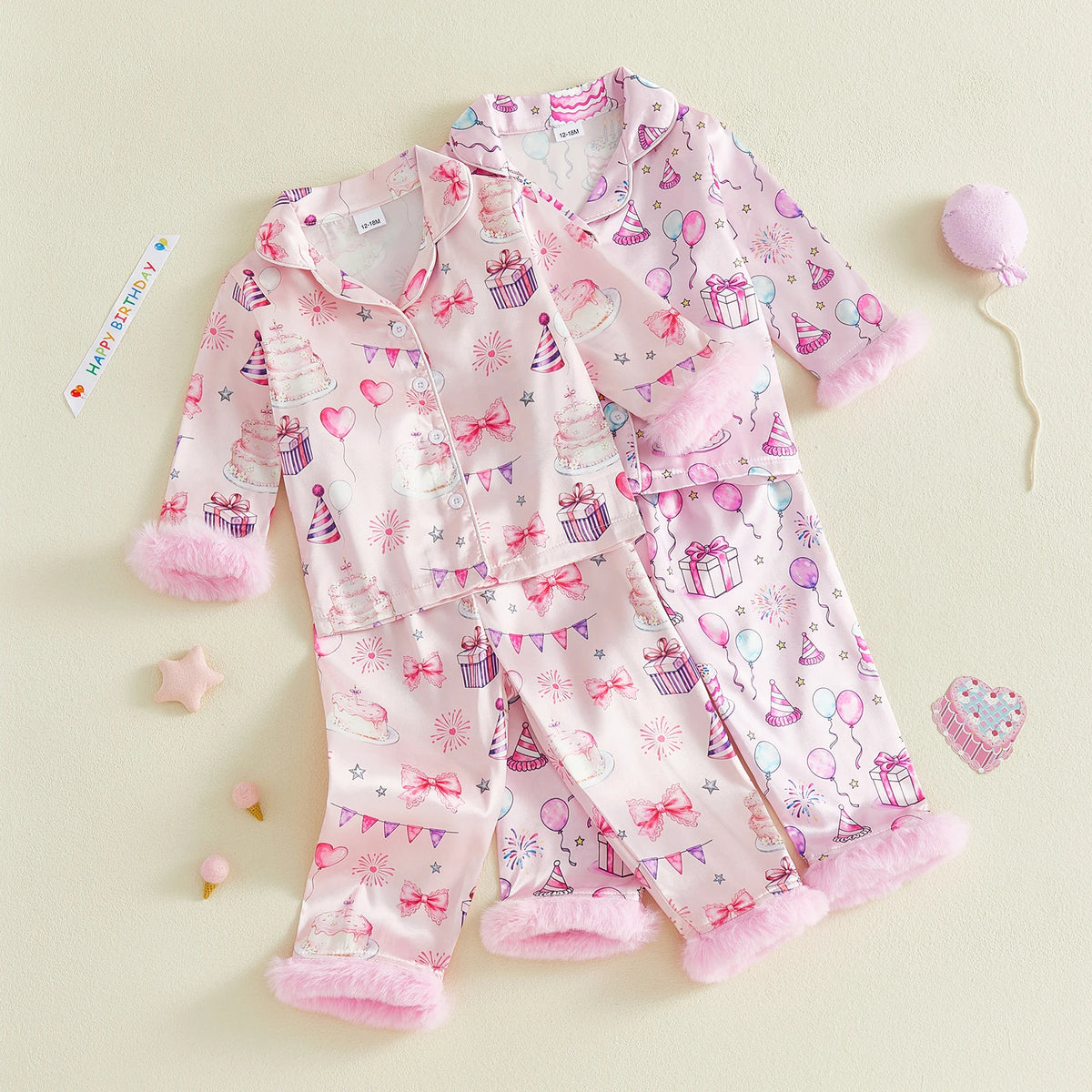 Birthday Toddler Baby Girls Pajama Sets Spring Loungewear Long Sleeve Lapel Button Cake Balloon Print Shirt Pant Sleepwear