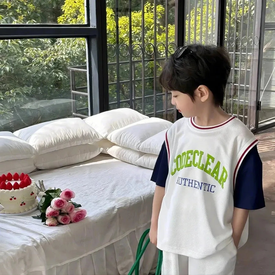 Boys' Sports Suit Summer Short Sleeved Basketball Suit Set Thin Quick Drying Basketball Suit Color Blocked Fashion Sports Style