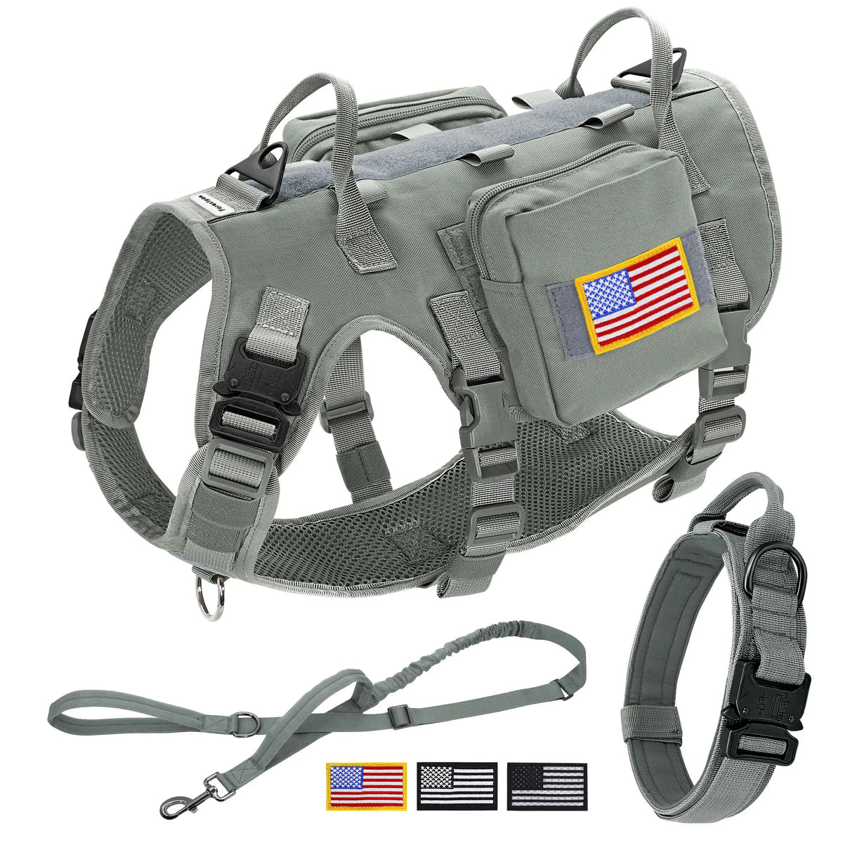Military Tactical Dog Harness Collar Leash Set with Pouches Flags Durable Pet Harnesses Vest Collars Leashes for Dogs Training