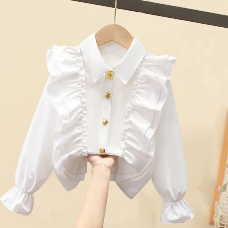Kids Shirt White Long Sleeve Spring Autumn Class Uniform Performance Costume Lace Girls Student Wear New Girls