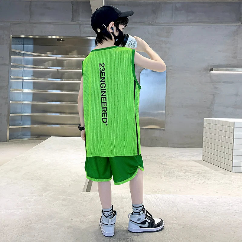 Kids Boys Summer Sports Jerseys Children Vest And Shorts Tracksuit 2Pcs Clothing Set Kids Basketball Clothes Set Sporty Uniform