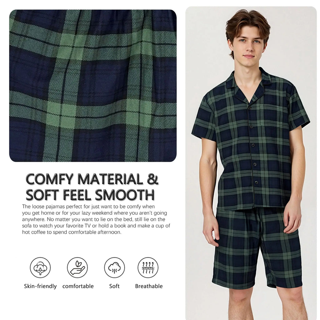 Mens Pajamas Set for Summer Short Sleeve Button Down Shirts Shorts Plaid PJ Set Soft Lounge Set Sleepwear M-XL