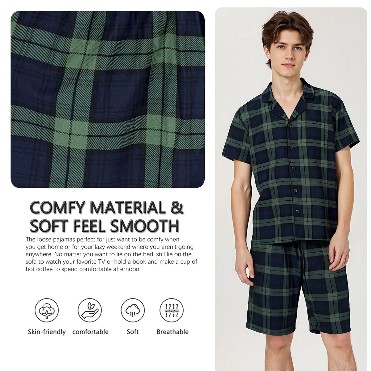 Mens Pajamas Set for Summer Short Sleeve Button Down Shirts Shorts Plaid PJ Set Soft Lounge Set Sleepwear M-XL