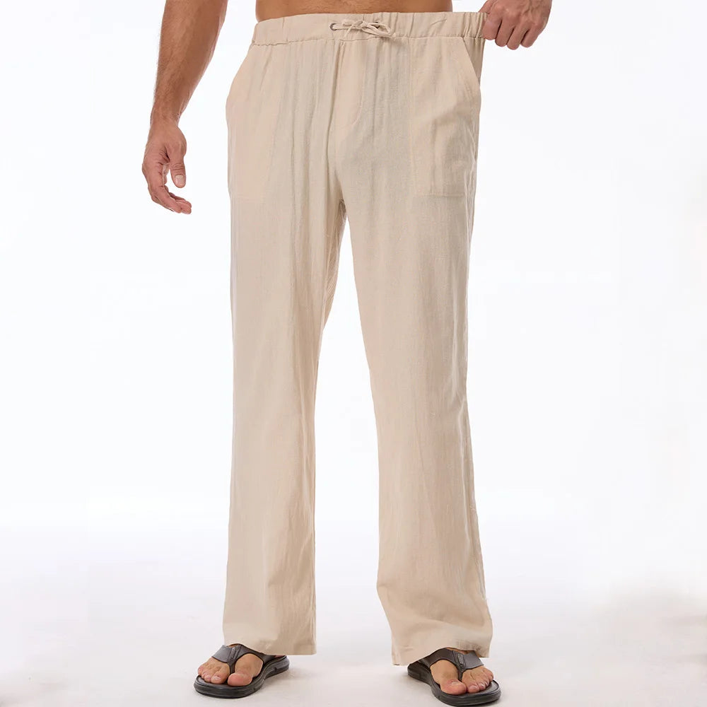 Men's Cotton Linen Pants Solid Color Breathable Lightweight Elastic Waist Straight Leg Long Pants Male Casual Cozy Trousers