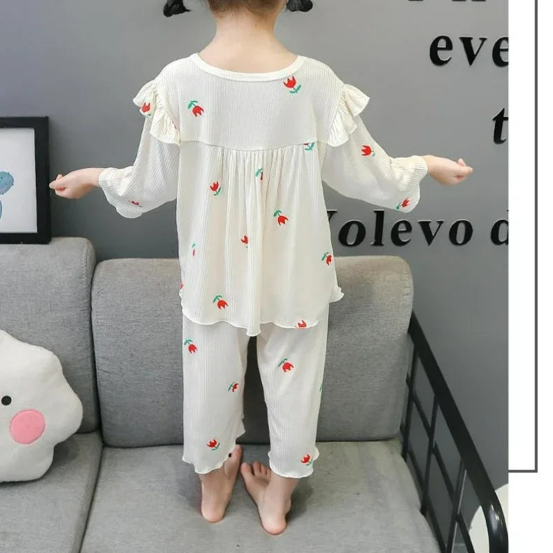 Summer Children's Pajama Sets for 1-9 Years Baby Girls Clothes Suit Cute Floral Ice Silk Kids Clothes Top+Pants Pajamas for Kids