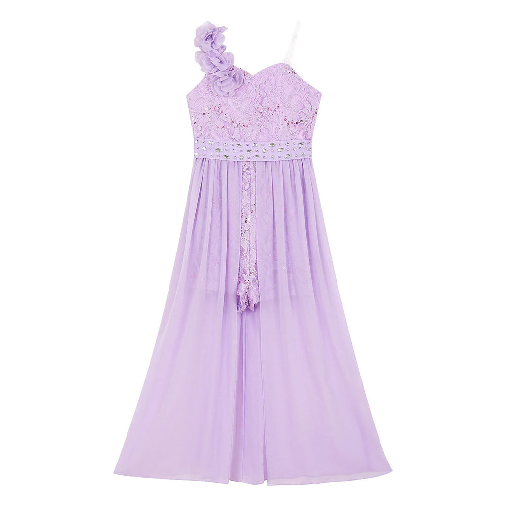 Kids Girls Elegant Party Dress Shiny Sequin Beaded Applique Lace Chiffon Jumpsuit Dress for Wedding Birthday Prom Pageant Evenig