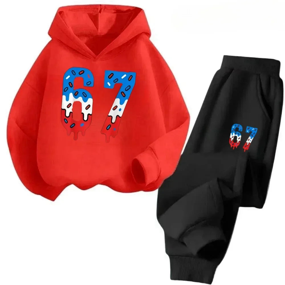 67 Chic Children's Hoodies Set 4-13Y Korean Streetwear Block Tracksuit Fashion Comfortable Kids Sweatshirt 2 Pcs Sets Pant Suit