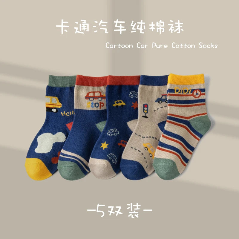 Children's Car Socks Boys Mid-tube Socks Kids Sports Four Season Cotton Socks Skin-friendly 2-12Years old