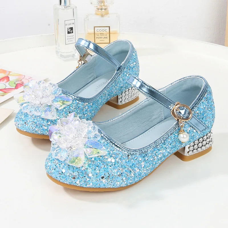 Kids Causal Shoes Wedding Party Children's High Heels Princess Shiny Crystal Flower Girls Leather Shoes Pink Blue Sliver 23-38