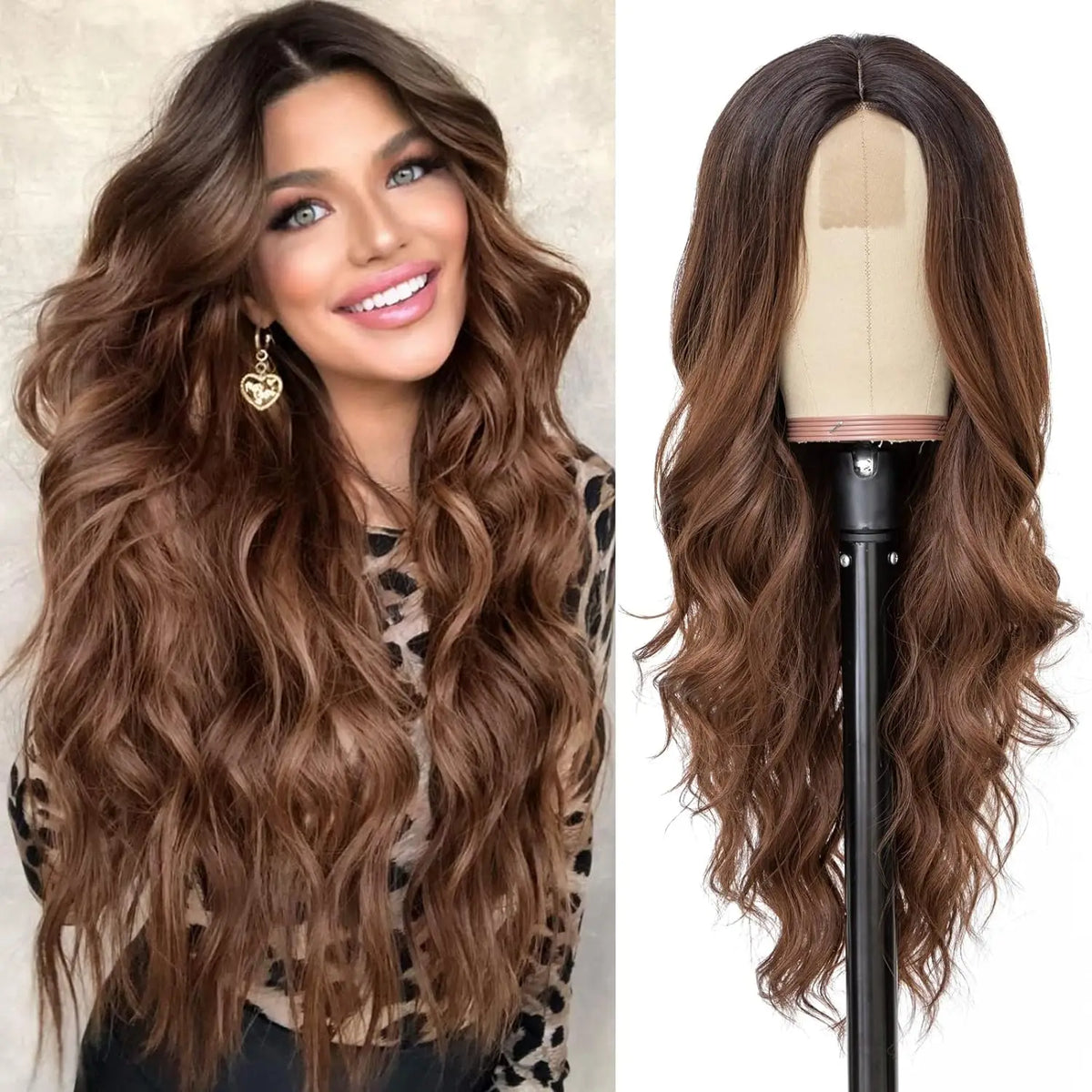 Synthetic Long Lace Wavy Wig for Women 26 Inch Middle Part Curly Natural Looking Heat Resistant Fiber for Daily Party Christmas