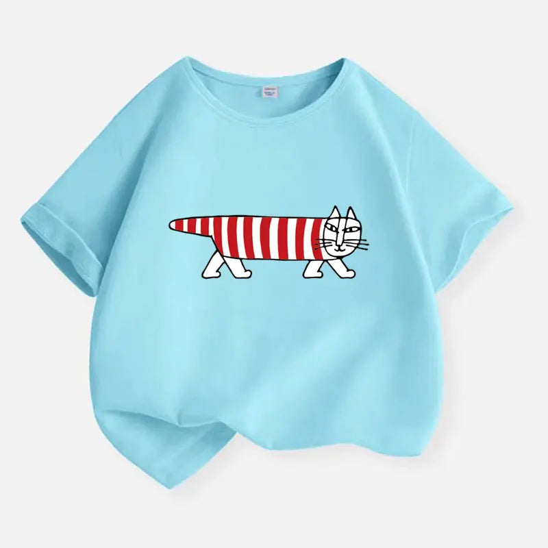 Korean Sweater Cat Children Clothing New Boys T-shirt Teen Funny Summer Top Cotton Kids Short Sleeves Baby Kids TShirt 2-12 Year