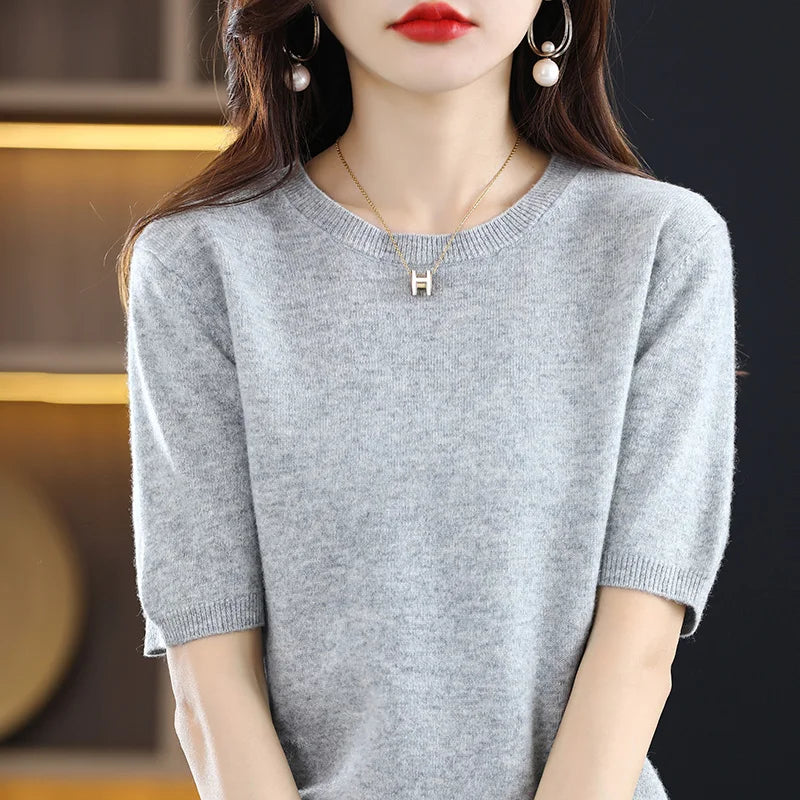 2025 New Spring Summer Women Sweater Short Sleeve O-Neck Pullover 100% Merino Wool Pure Color Knitted Jumper Female Clothing