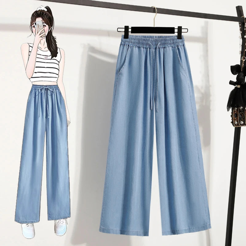 Women's Summer Slim Straight Leg Jeans Wide Leg Ice Silk Casual High Waist Trousers Cotton Polyester Blend No Ironing Needed