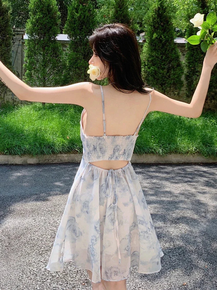 Floral Mini Dress for Women Backless Design Sexy Girls Romantic Sleeveless Vestidos Temper Aesthetic Clothing Vacation Popular
