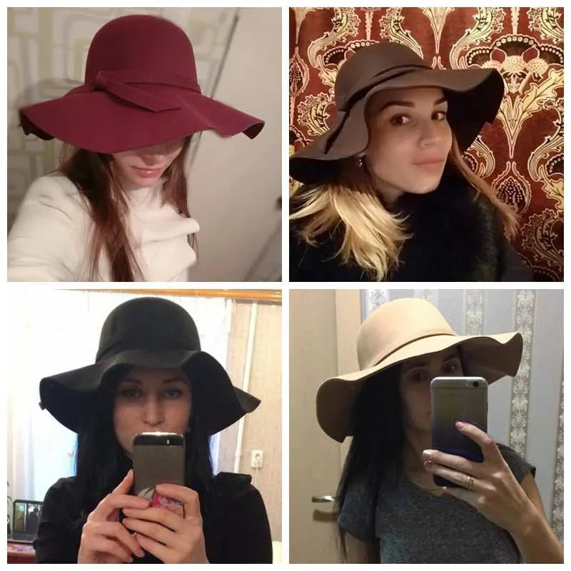 Women Hat  Autumn Winter Vintage Floppy Hat Women Elegant Felt Fedora Hat Wide Brim Sun Cap British Style Fedoras Felt Floppy