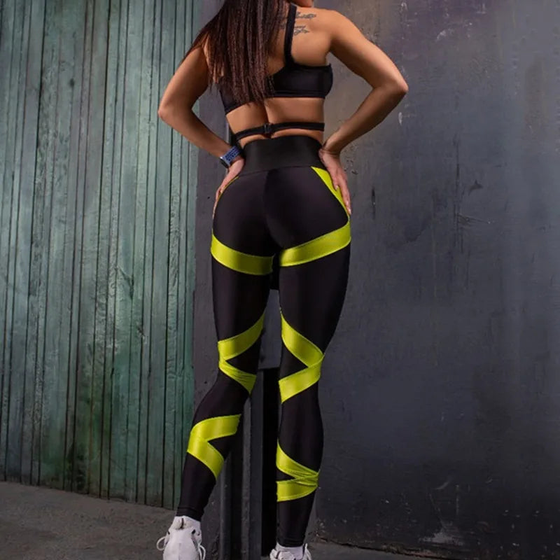Women's Clothes Sports Yoga Set for Women Workout Gym Suits Split-Joint Mesh Lace-Up Bra&High Waist Leggings Cool Girl 91939