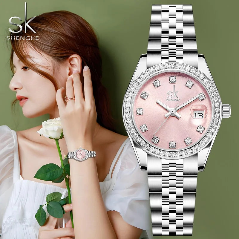 Shengke New Luxury Ladies Wristwatches Fashion Diamond Women's Quartz Watches Top Brand Woman's Gifts Clock Calendar Stainless S