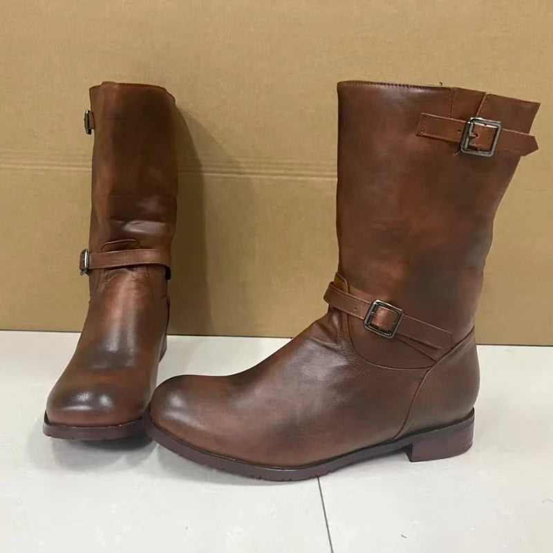 Men's Boots PU Leather Boots Retro Outdoor Western Cowboy Boots Round Toe Belt Buckle Mid-Calf Boot Slip on Plus Size Long Boot
