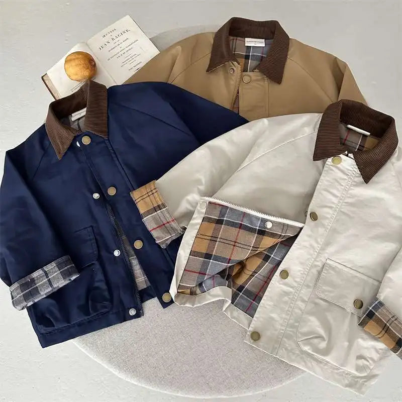 Spring Autumn Kids Boys Jacket Plaid Spliced Pocket Long Sleeve Toddler Boys Outerwears Coat Children Boys Jacket