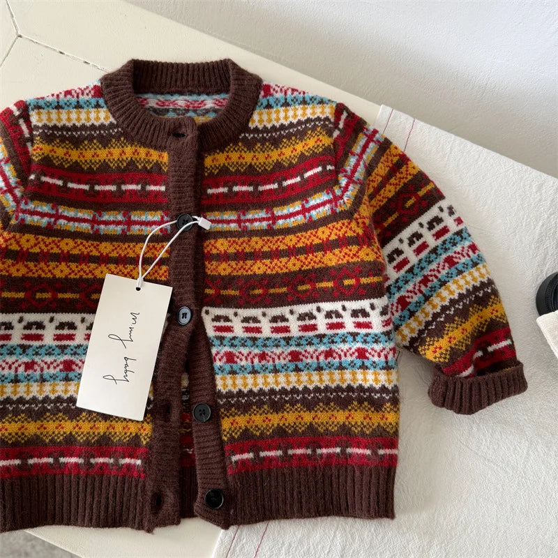Children's Sweater 2026 Spring and Autumn Winter New Boys' and Girls' Color blocked Sweater Cardigan Baby Retro Knitted Coat