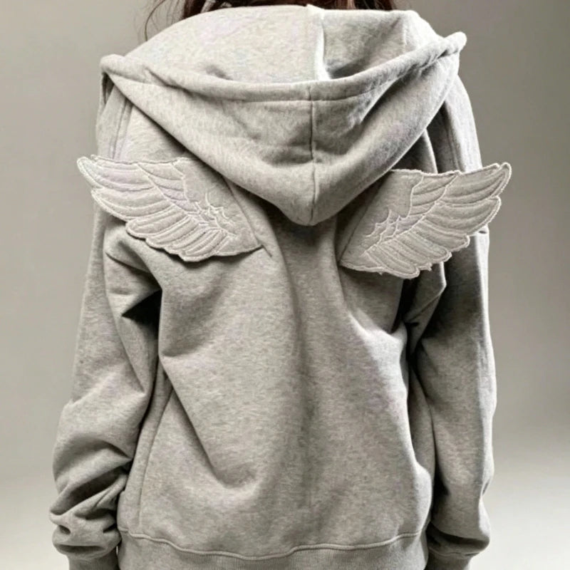 Women Fashion Grey Angel Wing Embroidered Hoodie Zipper Kawaii Pullover Sweatshirt Wing Y2K Streetwear Goth 2000s Alt Clothes