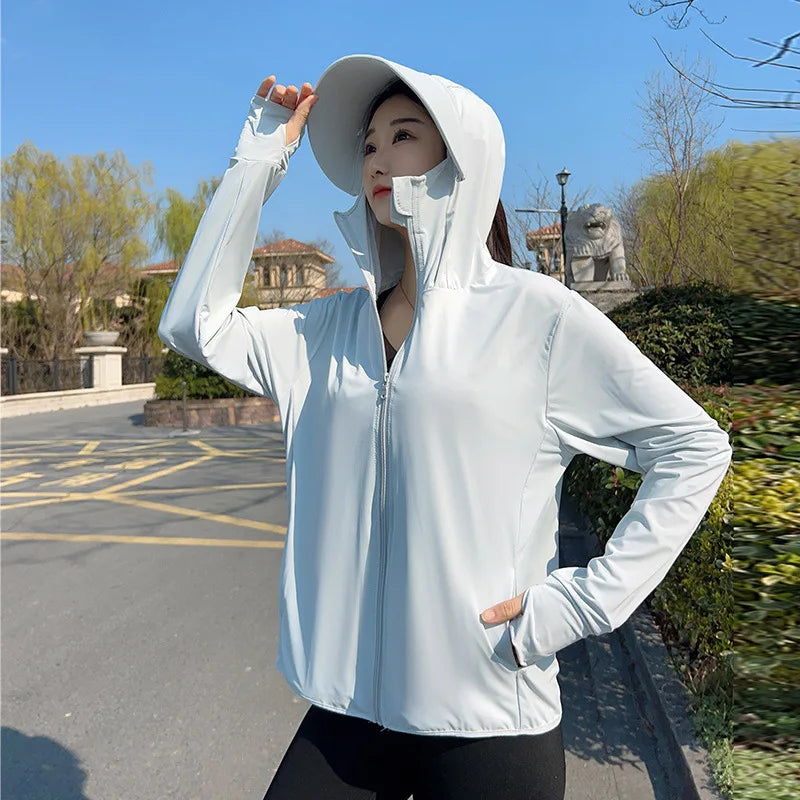 Adult Ice Silk Hooded Sun Protection Jacket Older Kids Outdoor Sports UV Protection Clothing Women's Hooded Sun Protection Coat