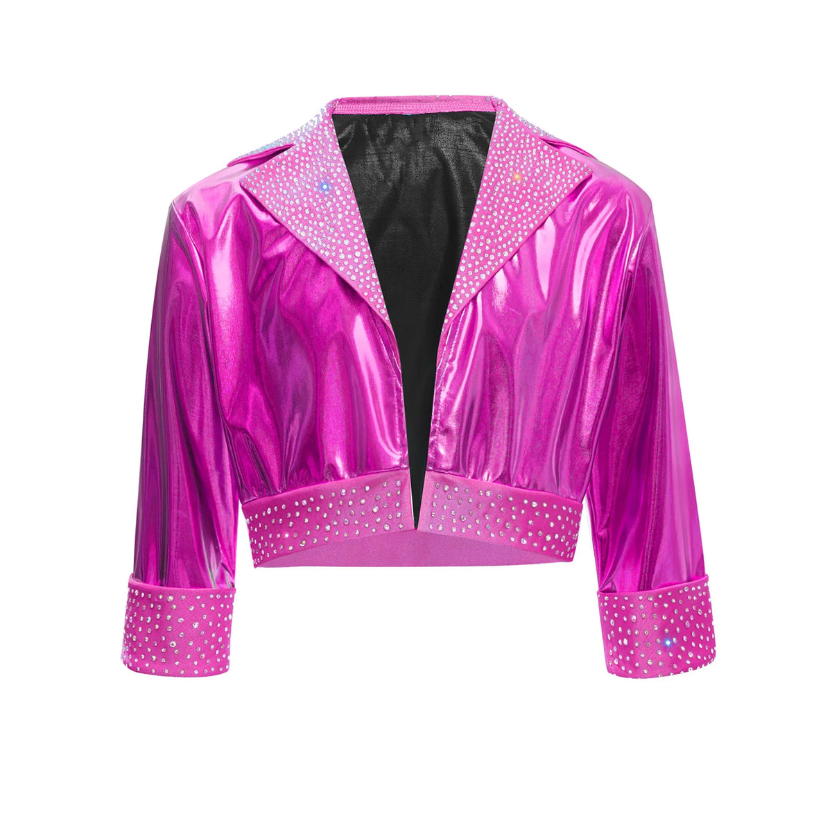 Kids Girls Shiny Rhinestones Metallic Jacket Hip Hop Jazz Dance Top Outerwear Long Sleeve Disco Stage Performance Streetwear