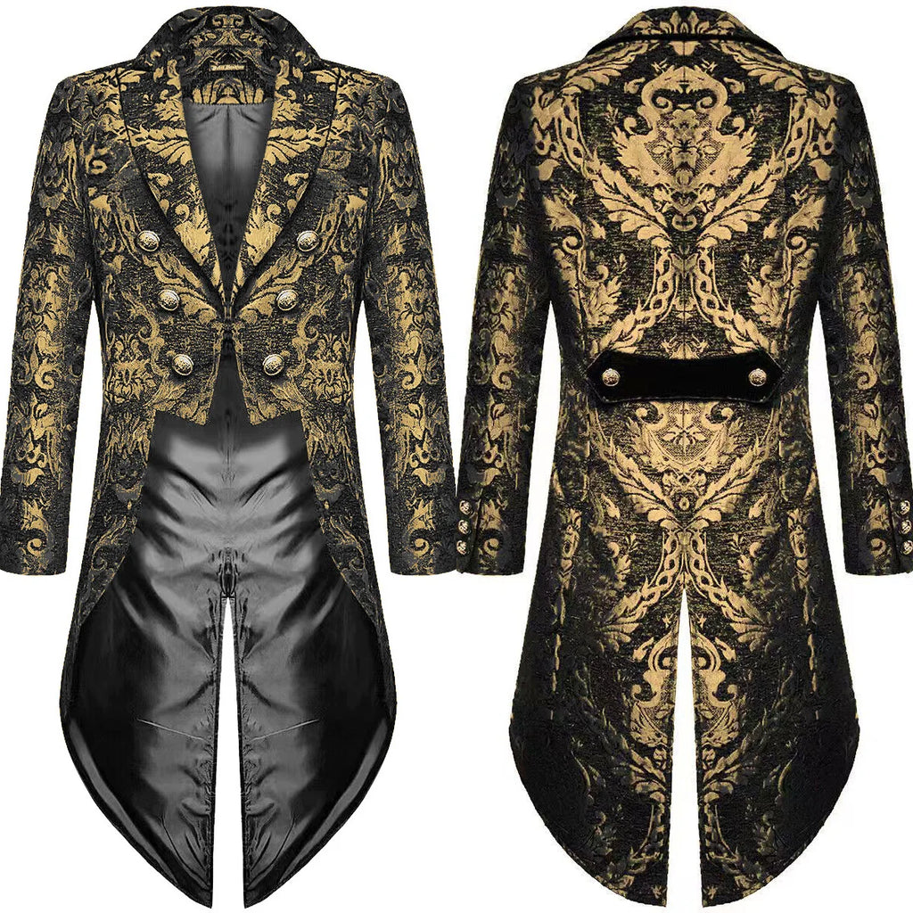 2026 Fashion Gold Jacquard Elegant Tuxedo for Men,Black Gothic Vintage Men's Tailcoat,Holiday Party Stage Performance Men Jacket