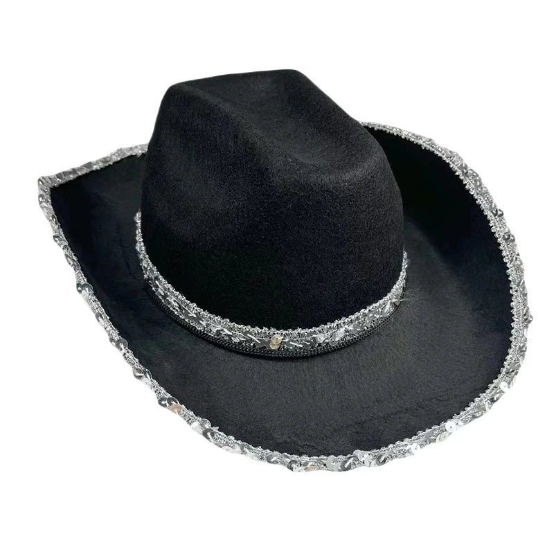 Women Vintage Western Black Cowboy Hats Shiny Sequined Wide Brim Thick Cap for Club Party Outdoor Camping Riding Sun Protection