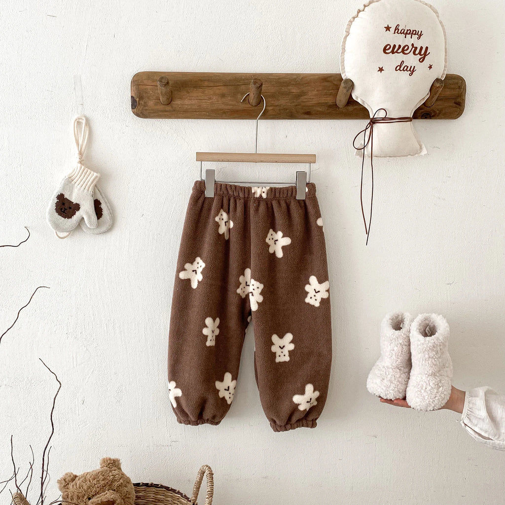 Children Cute Pajamas Pants Autumn Winter Plush Pants Loose Versatile Pants Baby Boys Girls Velvet Pants Toddler Home Clothes
