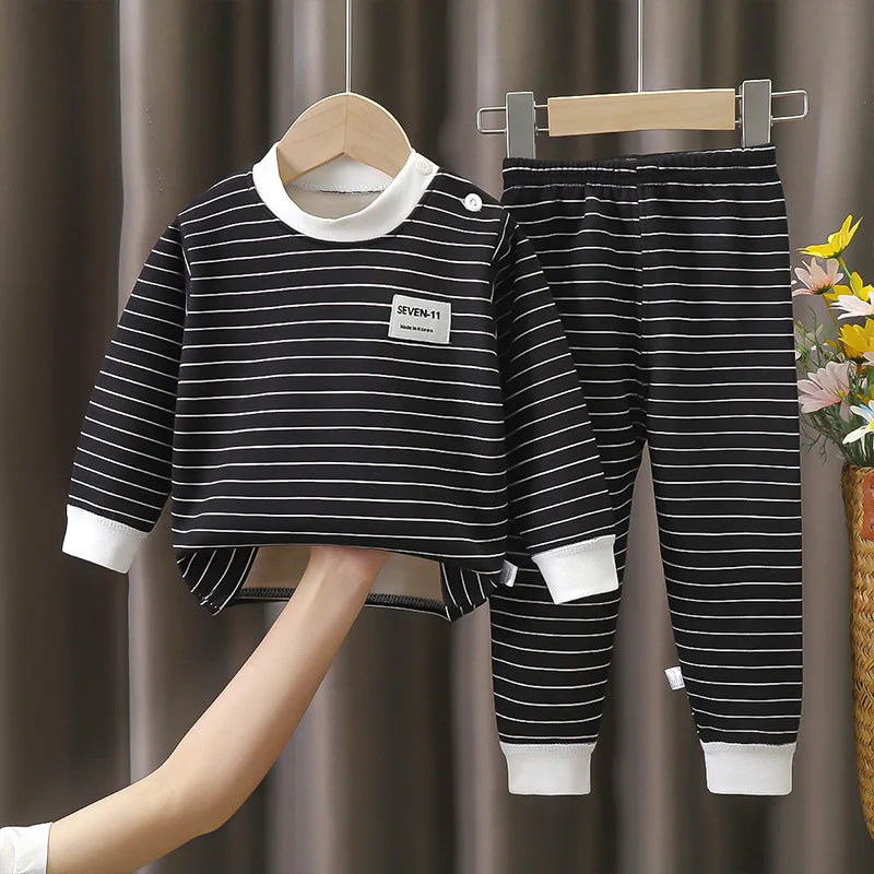 0-5-Year-Old Baby Plush Children's Pajamas Solid Color Long-Sleeved Pants Breathable Pajamas for Boys and Girls Casual Wear