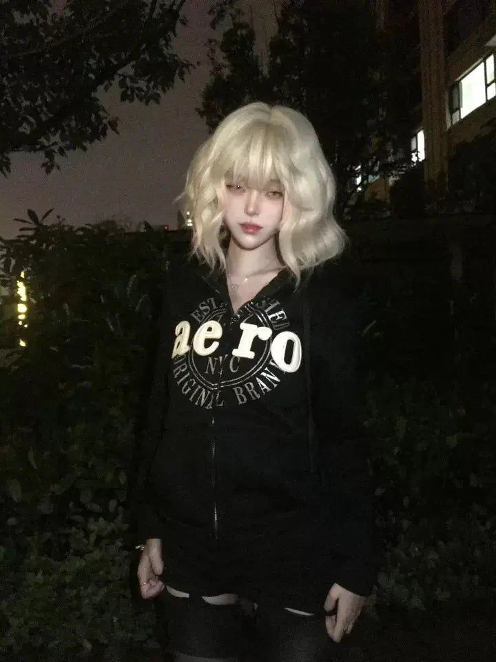 Vintage Letter Graphic Punk 2000s Girl Y2k Hoodie Zip-up Korean Sweet Cropped Slim Sweatshirts Casual Female Blusas Goth Hooded
