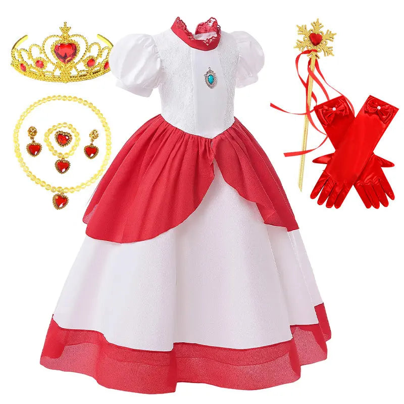 Kid White Peach Costume Princess Costume Plumber Adventure Girls Cosplay Apparel Halloween Video Game Victory Bonus Lolita Dress
