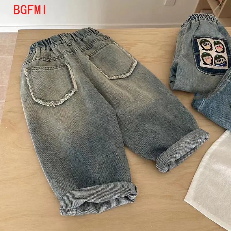 Kids Jeans Fashion Cartoon Ripped Denim Pants Jeans for Girls and Boys Korean Children Clothes Wide Leg Pants 2-10 Y Bottom Part