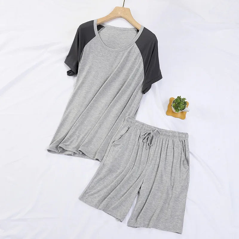 Summer Casual Pajamas Sets for Men Fashion Patchwork Comfort Modal Cotton Short Sleeve Shorts Home Two Pieces Men Sleepwear Suit