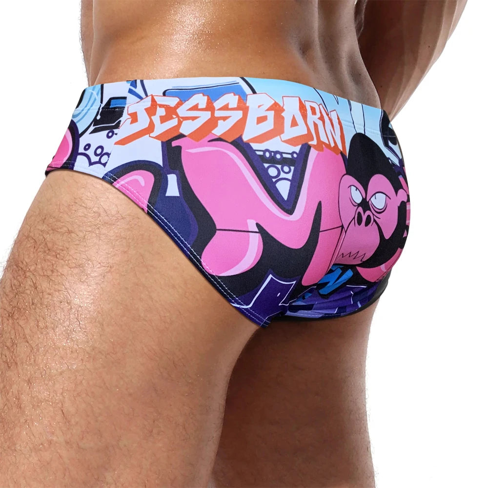 Summer New Swimwear Sexy Mens Cartoon Print Bathing Suit Quick Dry Breathable Swim Briefs Fashion Male Beach Surfing Underwear