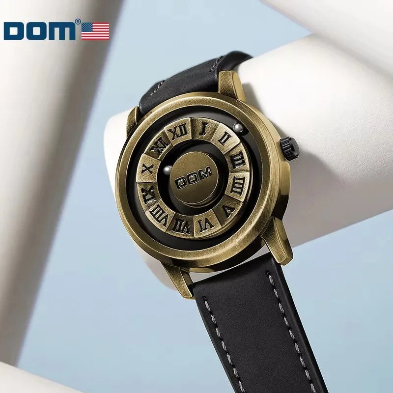 DOM 1345 Men Quartz Watch Black Creative Retro Bronze Scrolling Iron Ball Magnetic Pointer Waterproof Watches for Male Gift
