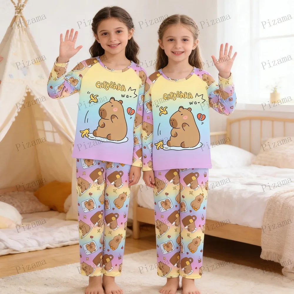 Capibara Kids Pajama Sets Long Sleeve Loungewear with Cute Animal Print Soft Sleepwear for Boys Girls Cartoon Sleepwear Outfit