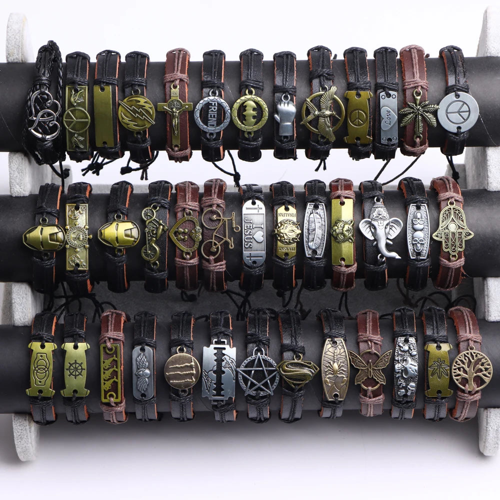 10/20/30/50/100Pcs/Lot Fashion Hand Woven Adjustable Leather Bracelets For Men Retro Style Jewelry Accessories Gifts Wholesale