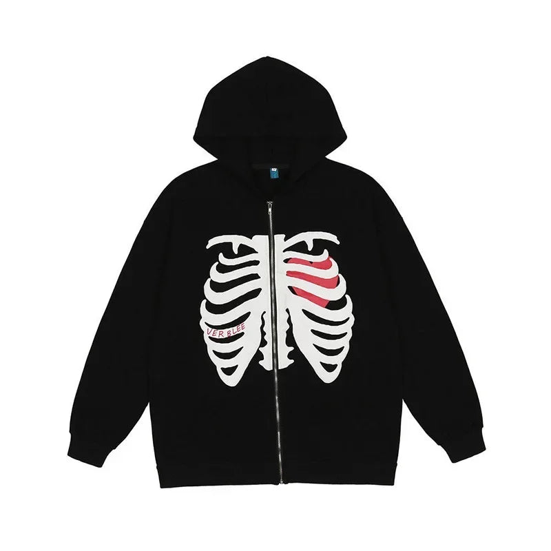 Y2K Gothic Butterfly Print Zip Up Women Hoodies 2025 Winter Grunge Skeleton Sweatshirt Casual Hooded Jacket Streetwear Hoodie