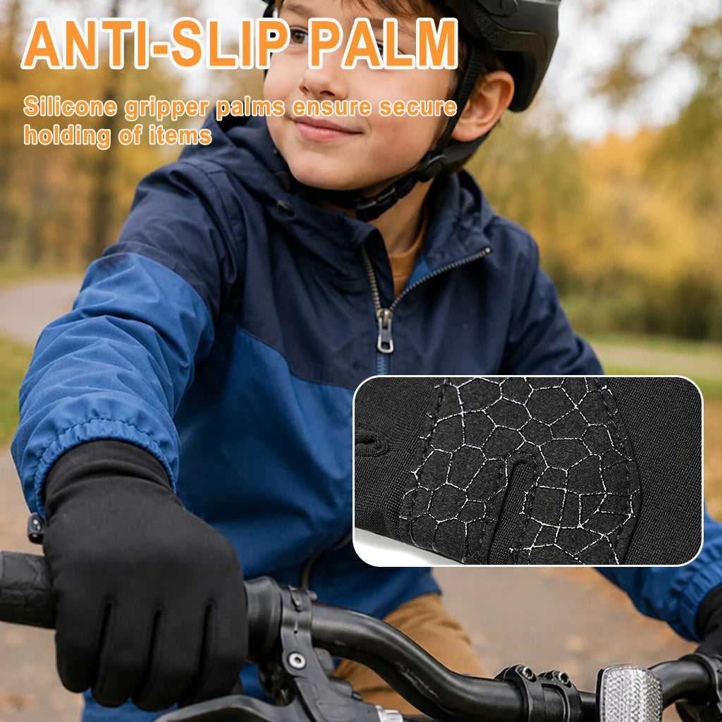 Kids Winter Touch Screen Gloves, Anti-Slip Silicone Palm Stretch Thermal Cycling Running Gloves for Boys Girls Age 6-12