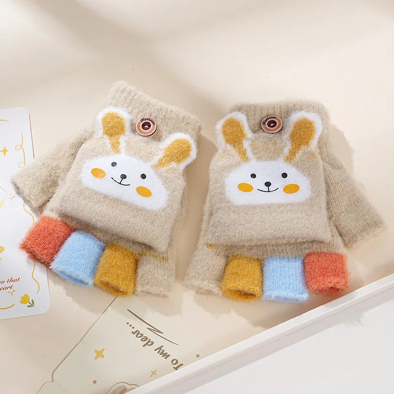 Children's Warm Gloves for Boys and Girls Cartoon Cute Half Finger Knitted Winter Flip Cover Baby Thick Cold Proof Five Fingers