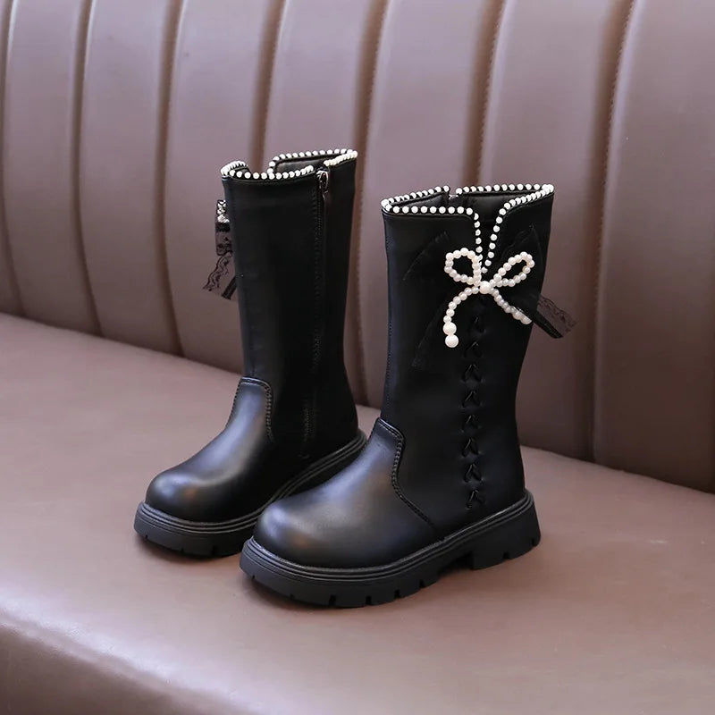 Girls Fashion Padded High Boots 3-18 Years Old Beige Bow Children's Cotton Shoes Versatile Non-slip Girls Short Leather Boots