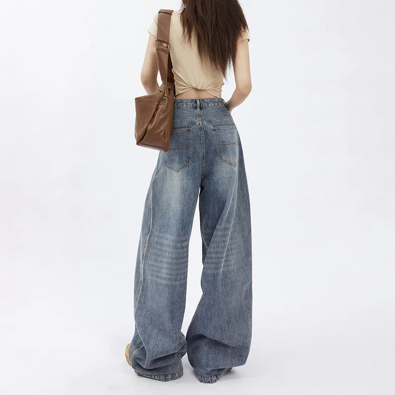 American Retro High Waist Wide Leg Draping Denim Jeans Women's Personality Straight Tube Long Pants 2025 New Style Casual Jeans