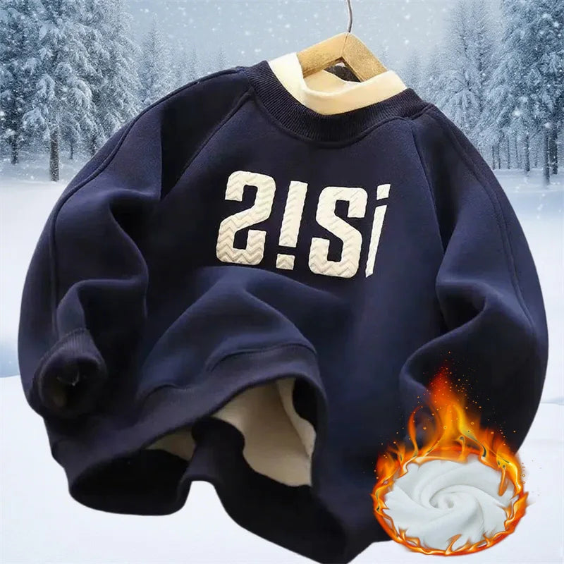 Warm Boys Thick Sweatshirts Children Plus Velvet Pullover Kids Winter Casual Clothes Teenager Autumn Printed Sport Shirts 4-14Y