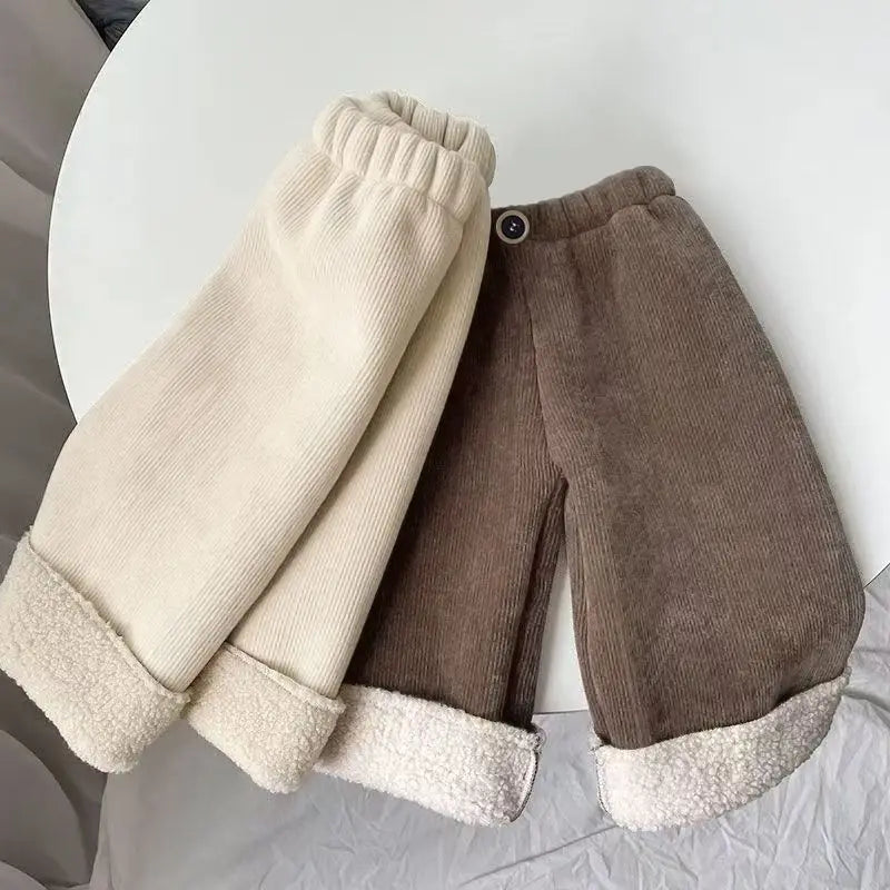 Kids Warm Pants Boy Girls Autumn Winter Corduroy Thick Outer Wear Sports Trousers 1-9Y Children Clothes Casual High Waist Pants