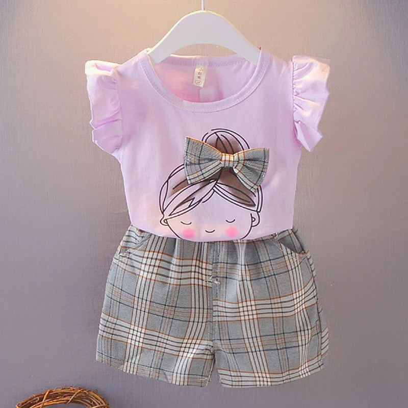 Kid Baby Girl Clothes Set Ruffle Sleeve Bow T-shirt+Plaid Short Pant 2Pcs Girl Suit Casual Cotton Children Clothing Outfit A875